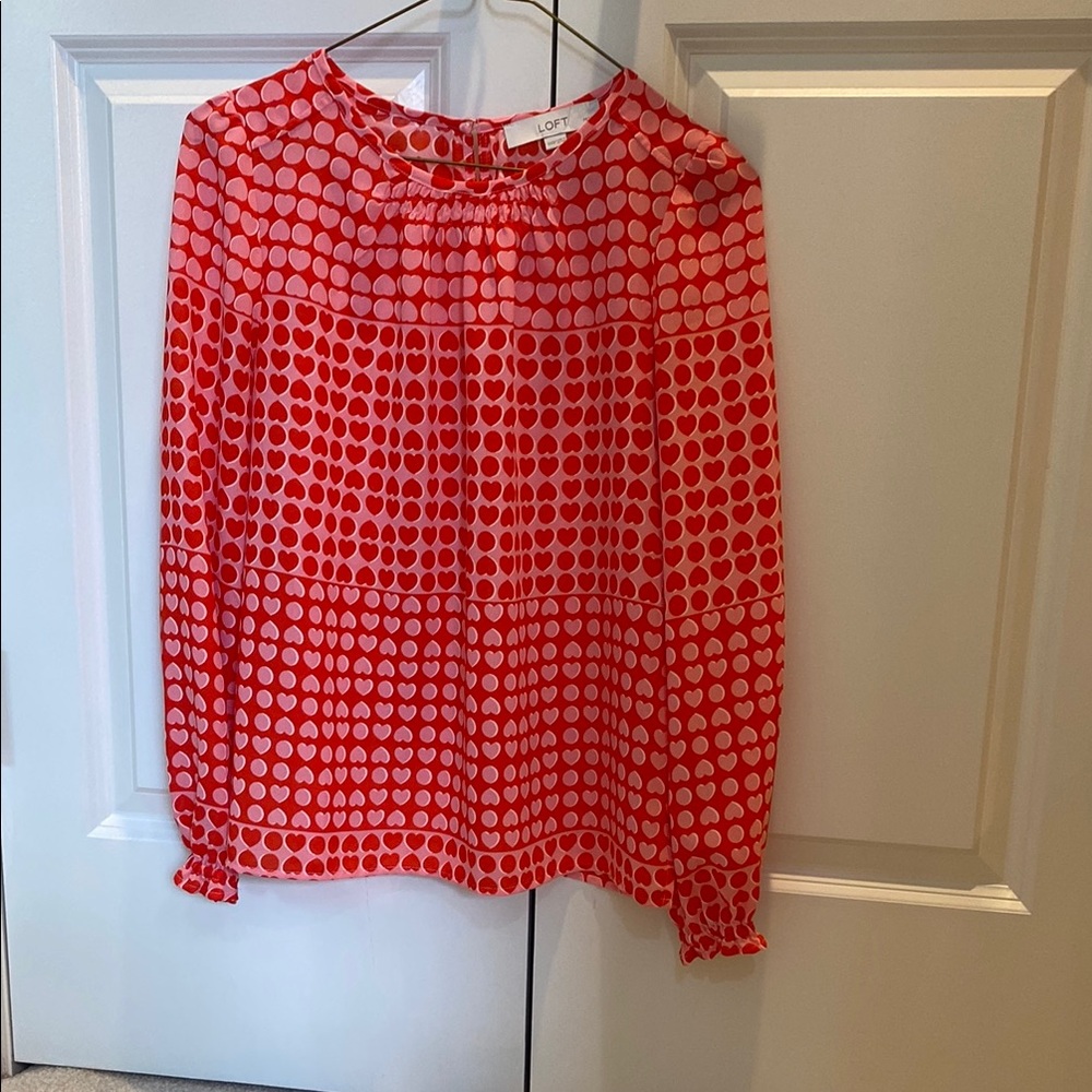 LOFT Red and White Puff Sleeve Blouse with Peter Pan Collar